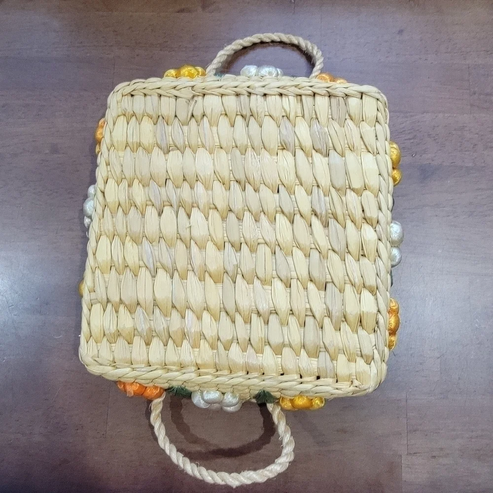 Vintage Basket with flowers and Jute Handles for serving Spring Easter Brunch